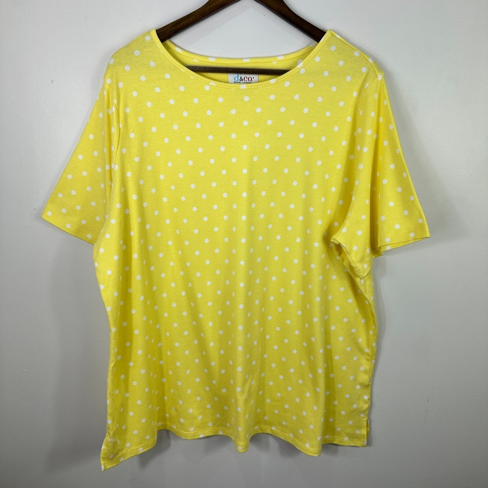 Denim And Co Tee Shirt Womens 2X Polka Dot Yellow Soft Girl Resort Casual Preppy
